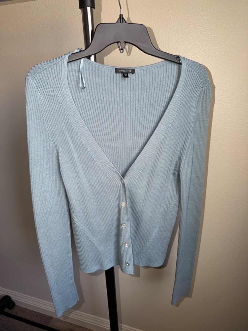 Dynamite Women's Pale Blue Ribbed V-Neck Button Cardigan